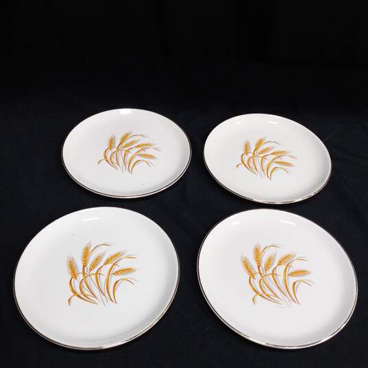 Bundle of 7 Homer Laughlin Golden Wheat White & Gold Tone Trim Ceramic Plates w/2 Matching Bowls and Serving Platter image number 4