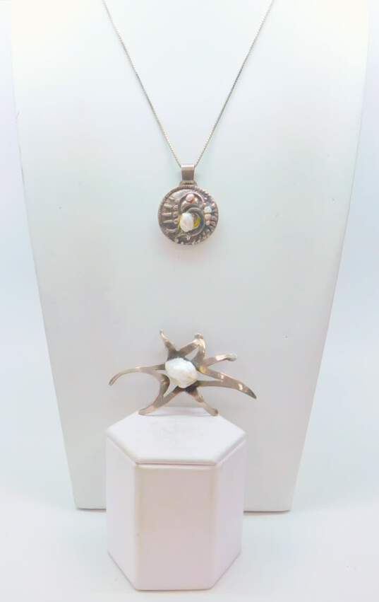 Brutalist Sterling Silver Pearl Pendant Necklace & Brooch 35.8g image number 1