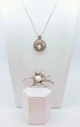 Brutalist Sterling Silver Pearl Pendant Necklace & Brooch 35.8g