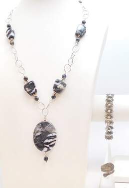 Artisan 925 Zebra Jasper & Agate Granulated Beaded Pendant Chain Necklace Etched Domes Linked Bracelet & Spoon Ring 49.5g