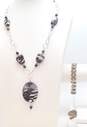 Artisan 925 Zebra Jasper & Agate Granulated Beaded Pendant Chain Necklace Etched Domes Linked Bracelet & Spoon Ring 49.5g image number 1