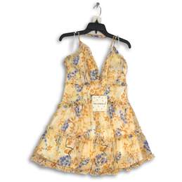 NWT Womens Multicolor Floral Ruffle V-Neck Sleeveless Short A-Line Dress Size L