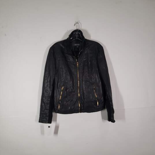 Mens Leather Zipper Pockets Long Sleeve Full-Zip Motorcycle Jacket Size Large image number 1
