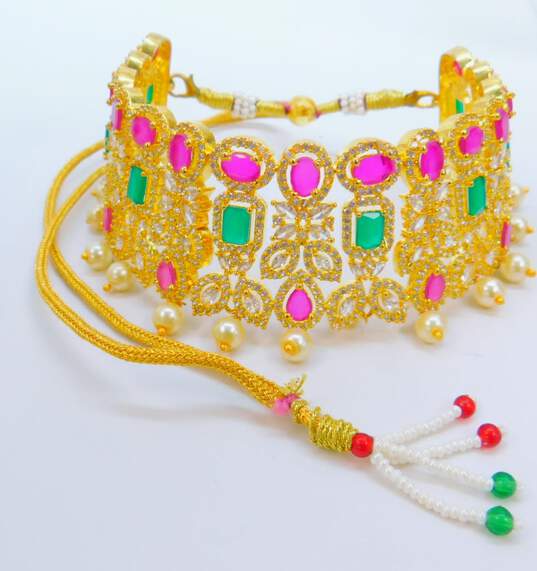 Indian Wedding Gold Tone Ruby & Green Black & Clear Crystal Wedding Jewelry 268.1g image number 4