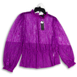NWT Womens Purple Lace Balloon Sleeve Back Keyhole Blouse Top Size Large