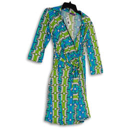 NWT Womens Blue Green Abstract Print V-Neck Long Sleeve Wrap Dress Size 8