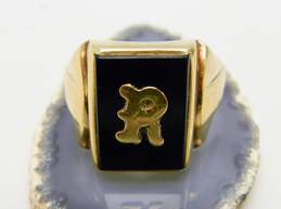 Vintage 9K Yellow Gold R Initial Onyx Statement Ring 5.3g
