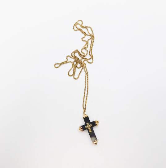 Vintage 10k Yellow Gold Faux Onyx Seed Pearl Cross Pendant Necklace 8.6g image number 4