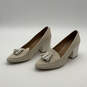 Womens Beige Leather Tassel Almond-Toe Slip-On Block Pump Heels Size 9M image number 3