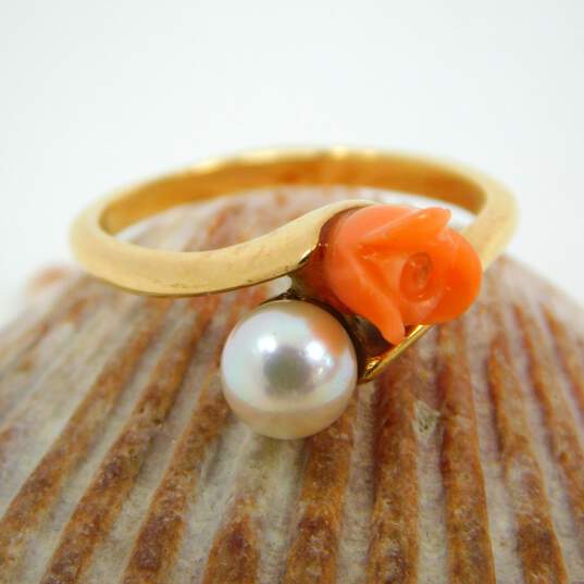 14K Yellow Gold Carved Coral Rose & Pearl Bypass Ring 2.5g image number 1