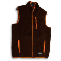 Mens Brown Fleece Sleeveless Mock Neck Pockets Full-Zip Vest Size Small