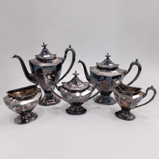 Reed & Barton Art Deco Coffee Pot Teapot Tea Set Creamer Sugar Silver Plate 3690 image number 1