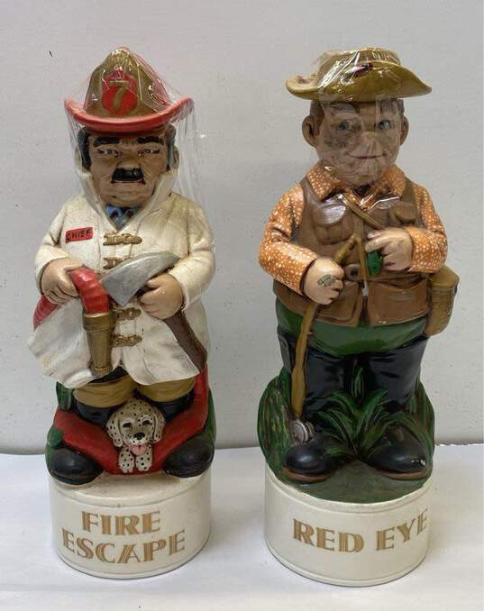 2 Ceramic Decanters Vintage Barware Hand Crafted Molds Fire Man/Fisher Man image number 1