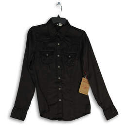 NWT Womens Black Pointed Collar Long Sleeve Flap Pocket Button-Up Shirt Size XS