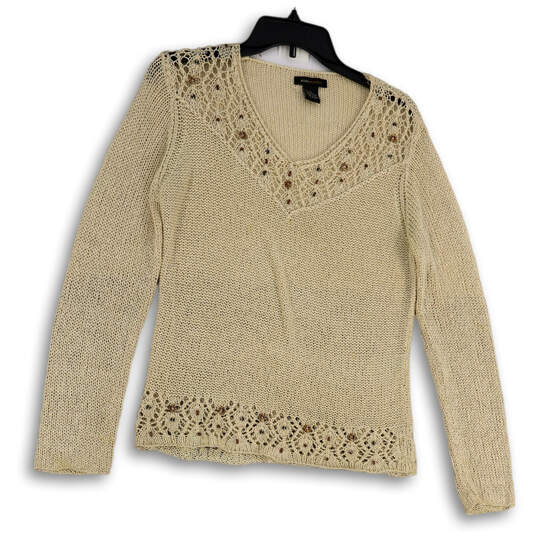 Womens Beige Crochet Beaded V-Neck Long Sleeve Pullover Sweater Size Large image number 1