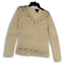 Womens Beige Crochet Beaded V-Neck Long Sleeve Pullover Sweater Size Large