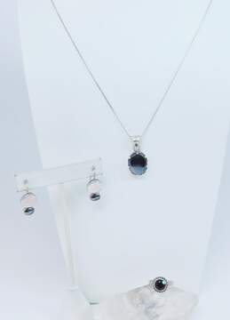 Sterling Silver Hematite Earrings & Necklace w/ Faceted Black Glass Ring 20.0g