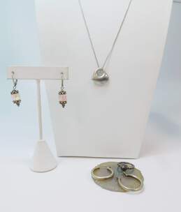 Romantic 925 Puffed Heart Pendant Necklace Hoop & Pink Crystal Granulated Drop Earrings & Dark Pearl Ring 18.8g