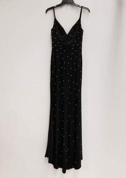NWT Mac Duggal Womens Black V-Neck Rhinestone Sleeveless Maxi Dress Size 2