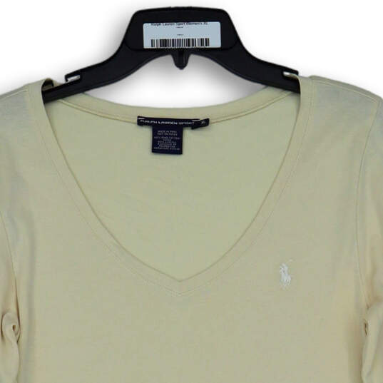 Womens Cream Long Sleeve V-Neck Stretch Classic Pullover T-Shirt Size XL image number 3