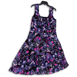 Womens Blue Pink Floral Pleated Sleeveless Back Zip Fit & Flare Dress Sz 14
