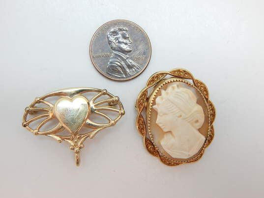 Vintage Gold Filled Carved Shell Cameo & Heart Brooches 8.5g image number 4