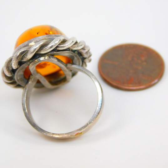 Artisan 925 Amber Cabochon Rope Oval Statement Ring 15.2g image number 6