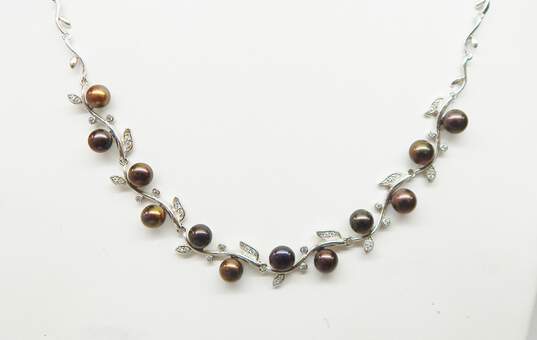 Romantic Sterling Silver Brown Tone Pearls & CZ Necklace & Ring w/ Crystal Dangle Earrings 24.3g image number 2