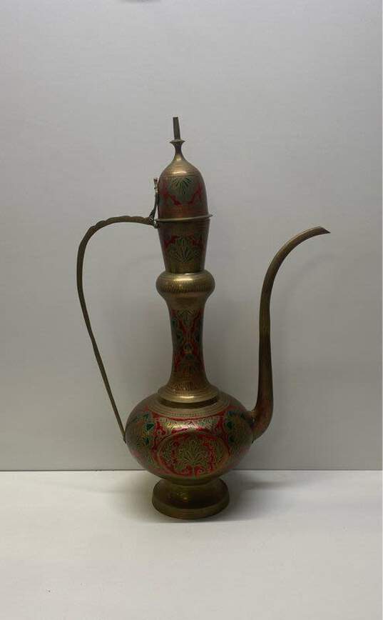 Indo Persian Etched Brass Ewer 24 in Tall Vintage Etched Decanter image number 1