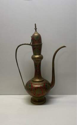 Indo Persian Etched Brass Ewer 24 in Tall Vintage Etched Decanter