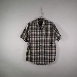 Mens Plaid Short Sleeve Flap Pockets Collared Button-Up Shirt Size Large