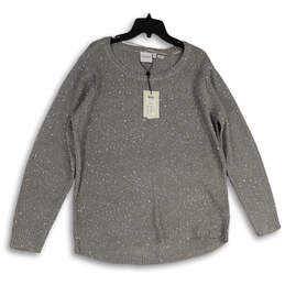 NWT Womens Gray Sequin Long Sleeve Round Neck Pullover Sweater Size Medium