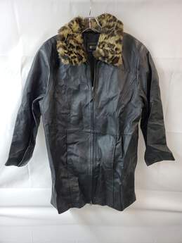 Maggie Barnes Vintage Black Leather Leopard Print Collar Jacket Wms Size 0X