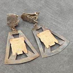 925 Silver & 18K Yellow Gold Peruvian Inca God Motif Clip-On Earrings 8.4g