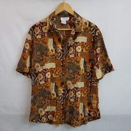 Vintage 100% silk brown mixed print short sleeve shirt women's L