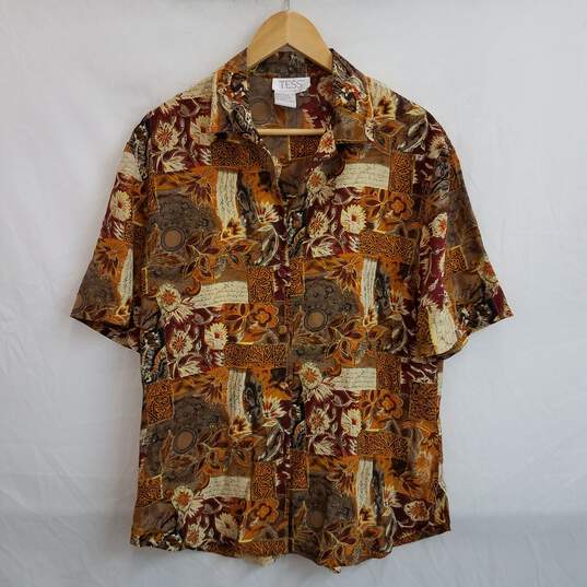 Vintage 100% silk brown mixed print short sleeve shirt women's L image number 1