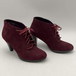 Womens Red Suede Round Toe Lace-Up Heeled Ankle Booties Size 9 M