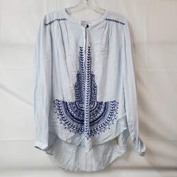 Anthropologie Women's Blue Embroidered Long Sleeve Buttoned Blouse Size L