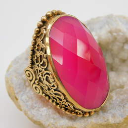 Sajen Brass Dyed Pink Quartz Faceted Oval Scrolled Chunky Statement Ring 18.6g