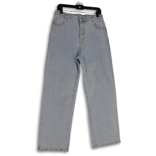 Womens Blue Studded Denim Medium Wash Wide Leg Jeans Size Large image number 1