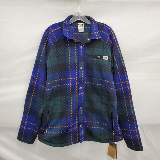 NWT The North Face MN's Lyons Raglan Shacket Blue, Black, Green & Yellow Fleece Jacket Size L image number 1