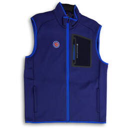 Mens Blue UBC Mock Neck Sleeveless Chest Pocket Full Zip Vest Size Medium