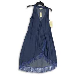 NWT Boston Proper Womens Blue Denim Fringe Sleeveless Wrap Dress Size XS
