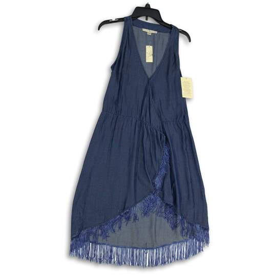 NWT Boston Proper Womens Blue Denim Fringe Sleeveless Wrap Dress Size XS image number 1