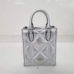 Coach North South Mini Tote Metallic Silver Leather with Puffy Diamond Quilting