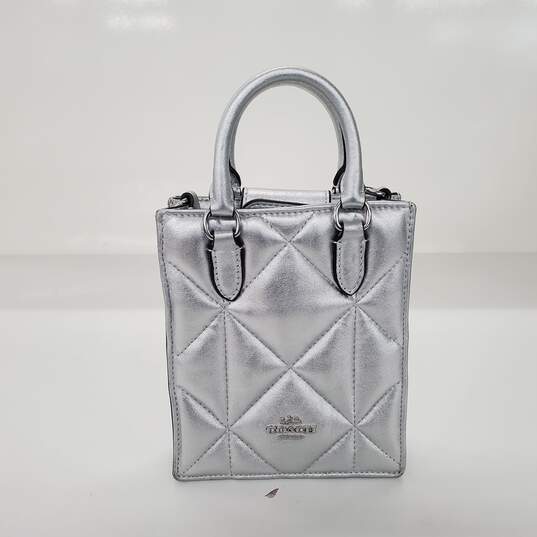 Coach North South Mini Tote Metallic Silver Leather with Puffy Diamond Quilting image number 1