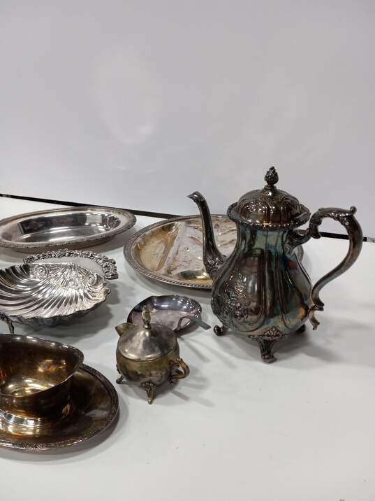 9pc Bundle of Assorted Silver Plated Serving Teapots Sugar Bowl Creamer Trays image number 3