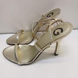 G by GUESS Roselyn Gold Leather Strap Sandal Heels Shoes Size 10 M
