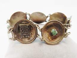 Vintage 900 Silver Emerald & Aztec Figural Concave Discs Linked Bracelet alternative image