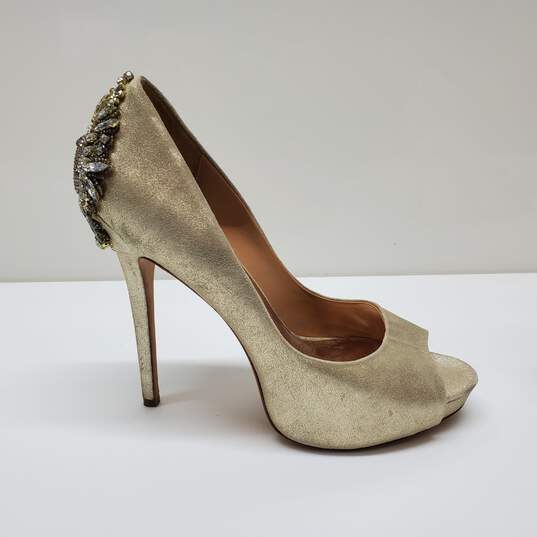 Badgley Mischka Kiara Gold Peep Toe With Embellished Heels. Woman's Sz 9M image number 2